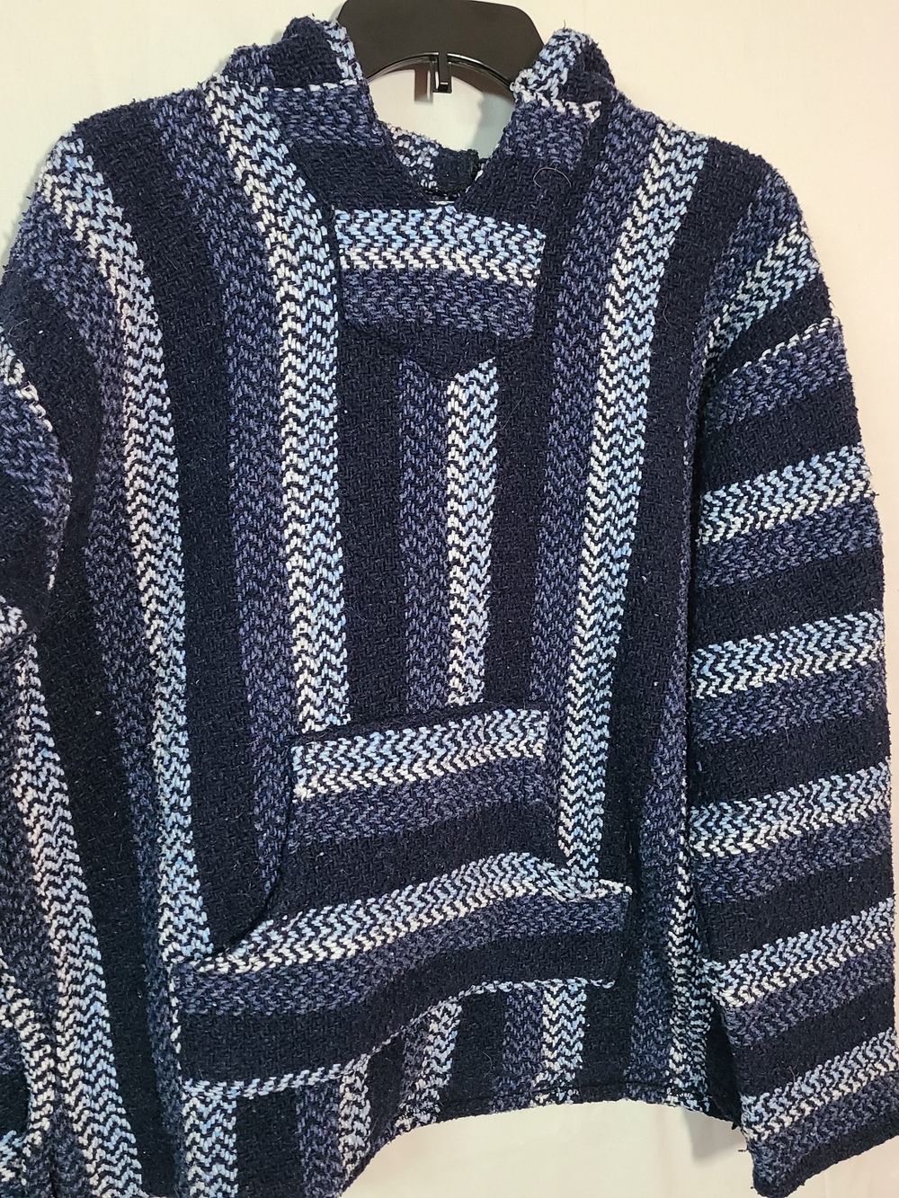 Baja Joe Striped Mexican Hoodie Drug Rug Poncho Navy Blue White Medium